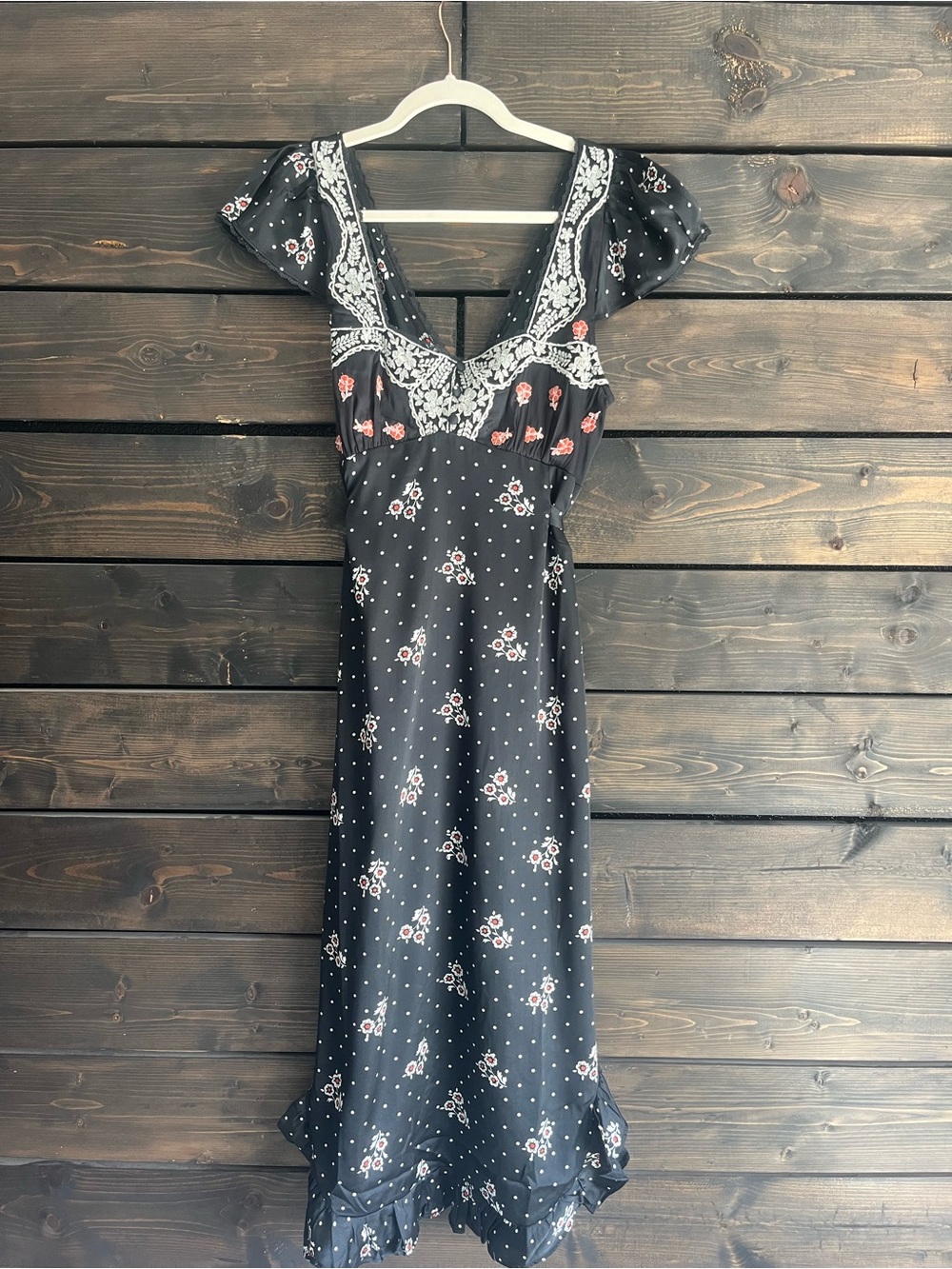 Free People Black Floral Maxi Dress with White Lace Trim